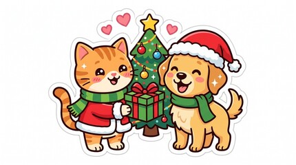Fototapeta premium Cute Cat and Dog Exchanging Christmas Gift in Santa Outfits, Holiday Cartoon Sticker Vector Illustration