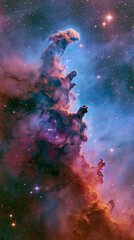 A massive pillar of cosmic gas and dust glows with vibrant colors while floating in the deep dark expanse of outer space among many bright distant stars © AS_SleepingPanda