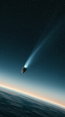 A bright comet with a glowing tail travels through the dark starry sky above the planet earth during the night in deep space © AS_SleepingPanda