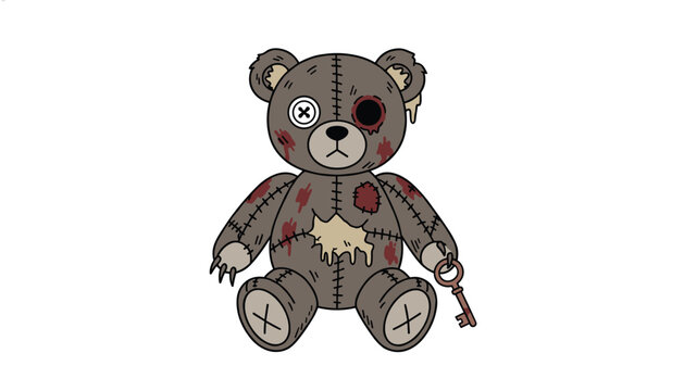Creepy stitched zombie teddy bear toy with a button eye, bloodstains, and holding a vintage metal key.