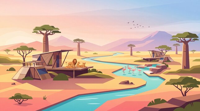 Flat Vector Eco-Safari Landscape with Lions and Flamingos in Peach Morning Light