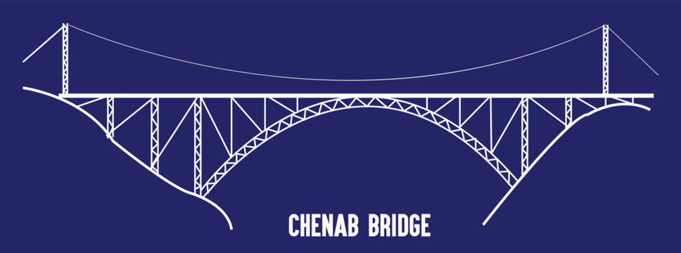 Chenab Bridge in Jammu and Kashmir, India &ndash; Iconic Railway Arch Bridge Landmark Vector Illustration, Architectural Travel and Tourism Concept