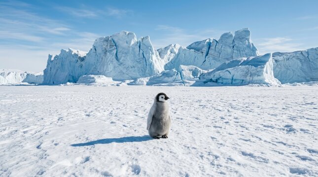 Adorable Baby Penguin Chick Standing in Snowy Antarctic Landscape