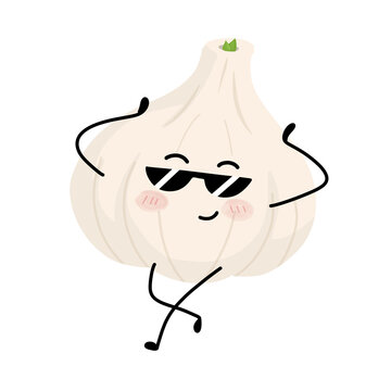 Cute garlic character wearing sunglasses dancing vector illustration