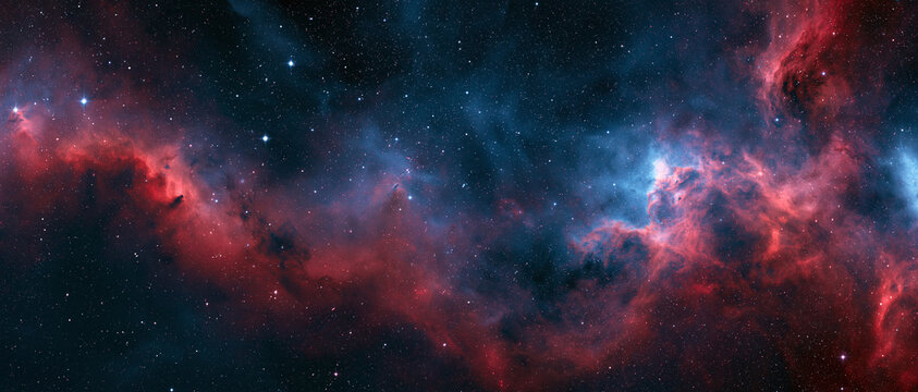 A vibrant deep space nebula with glowing red and blue gas clouds surrounded by a vast field of bright stars in the dark universe