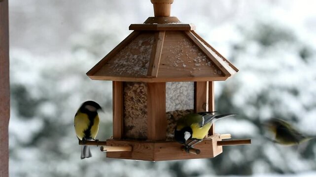 Blue tit (Cyanistes caeruleus), great tit (Parus major), and marsh tit (Poecile palustris), eat peanuts and sunflower seeds at the bird house in winter during snowfall, Germany