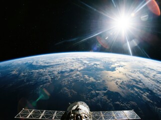 View of earth from space with a satellite and bright sun flare © KIBRIA