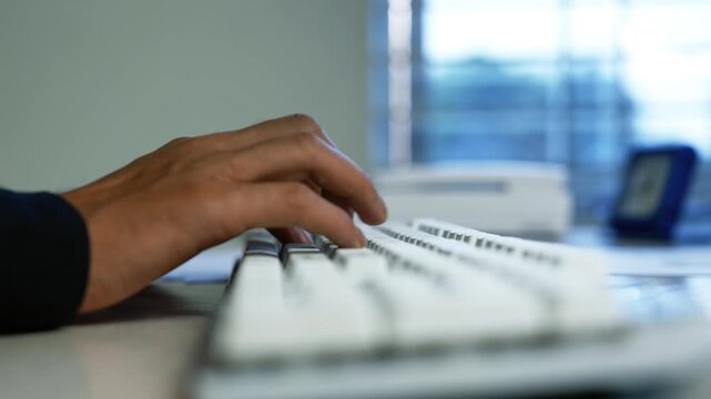 Hand Typing on Computer Keyboard in Office, Close-up of a person's hand typing on a white computer keyboard at an office desk, with a blurred window and desk phone in the background.
