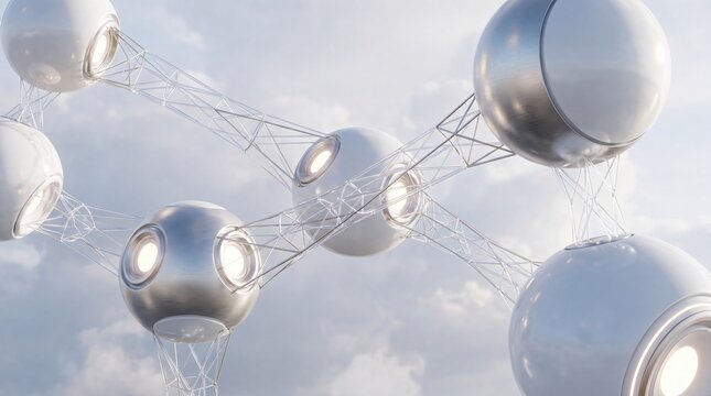 Futuristic floating spherical modules connected by structural framework against sky
