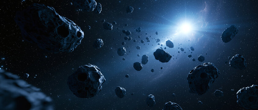 A large field of dark asteroids floats through deep space with a bright star shining in the background of the galaxy