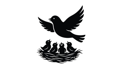 Fototapeta premium Black silhouette illustration of a mother bird flying back to her nest filled with four hungry baby chicks in springtime.