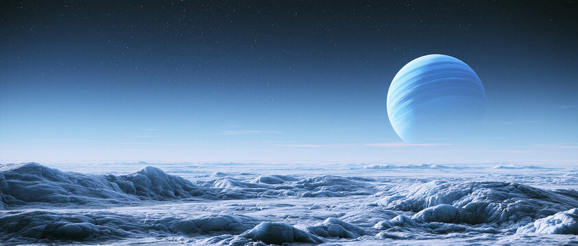 A large blue planet rises over the frozen icy landscape of a distant alien moon in the dark night sky of deep space