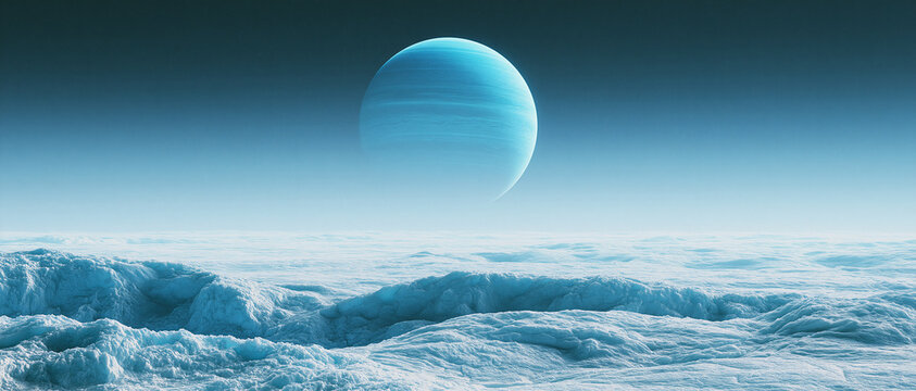 A large bright blue planet hangs in the dark sky above a frozen icy landscape on a distant alien world in deep space
