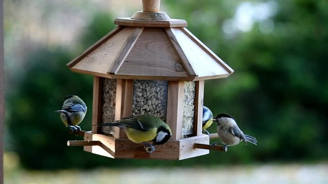 Marsh tits (Poecile palustris) and great tits (Parus major) eat peanuts and sunflower seeds at the bird house, Germany