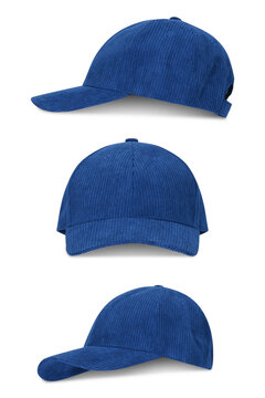 Blue corduroy baseball cap isolated on transparent background