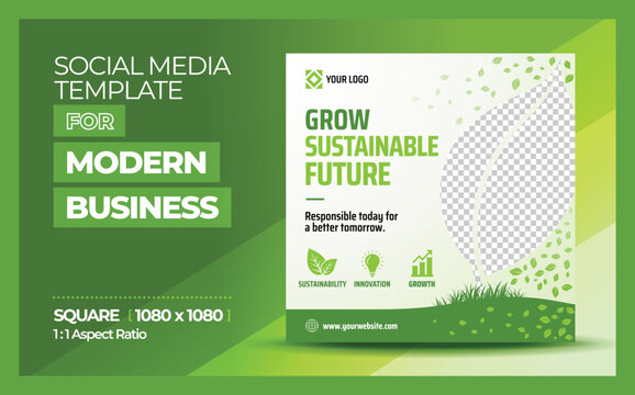 Green Sustainable Business and Eco Friendly Corporate Flyer Template and Square Social Media Post Ads.