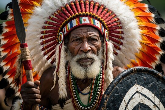 Elderly Native American chief wears large colorful feather headdress. Senior tribal leader holds wooden spear, traditional shield. Brave indigenous man with grey beard poses in authentic ceremonial