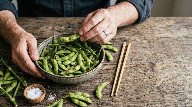 Edamame soy bean bowl hand chopstick salt snack rustic healthy man table wood green lunch appetizer vegetarian protein casual kitchen meal fresh organic natural texture