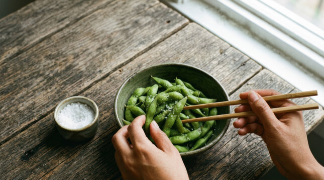 Edamame chopstick hand salt bowl wood table snack green soy Edamame chopstick hand salt bowl wood table snack green soy create simple healthy appetizer scene rustic surface near bright window
