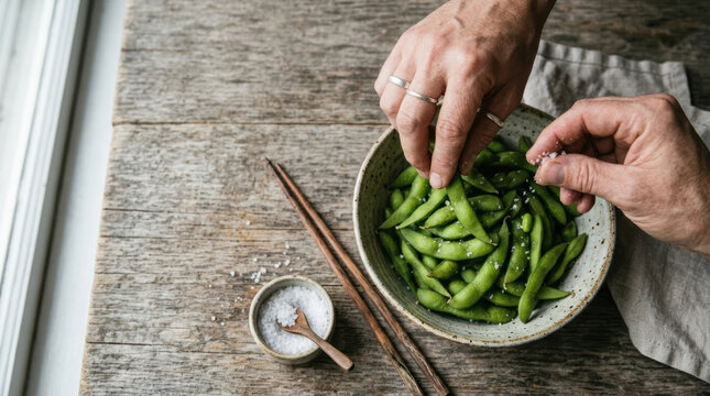 Fresh edamame sea salt male hand snack bowl chopstick tabletop rustic wood seasoning healthy lunch organic vegetable green food closeup texture casual lifestyle protein gourmet appetizer minimal