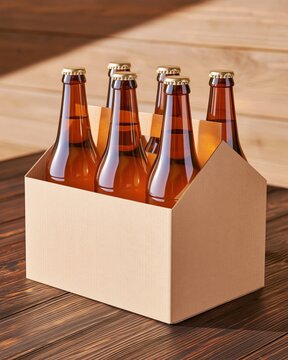 Six amber glass beer bottles in cardboard carrier on dark wood table, golden caps, photorealistic mockup with warm lighting and shallow depth of field