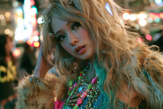 Shiro gyaru in a faux fur jacket against blurred city lights