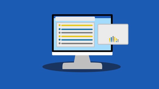 Flat-design computer monitor bar chart and email ico, modern business/technology animation