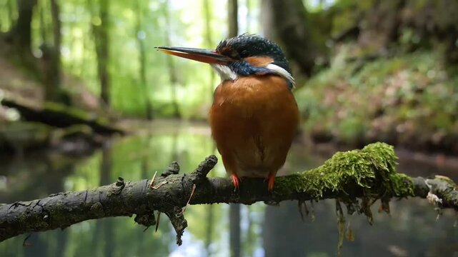 Common kingfisher (Alcedo atthis) female on perch on the bank of the dead arm of a river, North Rhine-Westphalia, Germany