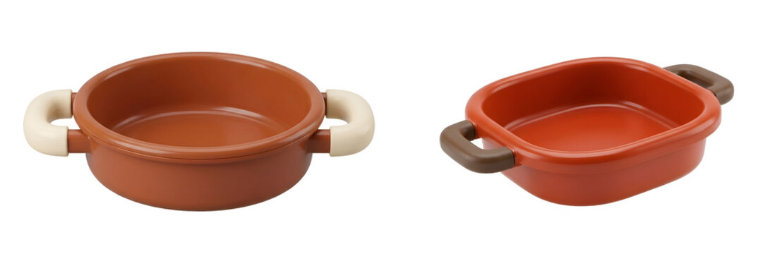 Round and square kitchen cooking pots with glossy orange finish and soft ergonomic handles rendered as professional 3d models showcased perfectly on transparent background