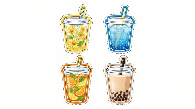 Set of cute summer iced drink and boba tea plastic cup stickers isolated on white