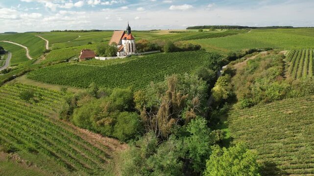 The pilgrimage church Maria im Weingarten and vineyards near Volkach seen from the air, Lower Franconia, Bavaria, Germany