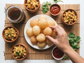 A vibrant and delightful overhead shot showcases a traditional indian street food spread featuring golden puffed gol gappe alongside flavorful accompaniments creating
