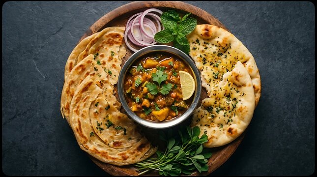 A vibrant and flavorful indian thali showcasing a delicious curry served with flaky paratha pickled onions and fresh herbs a culinary delight