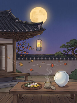 Vector illustration of an vintage Chuseok, Korean Mid-autumn festival design card. Neatly arranged songpyeon rice cakes, Korean chrysanthemums, subtle bojagi fabric folds