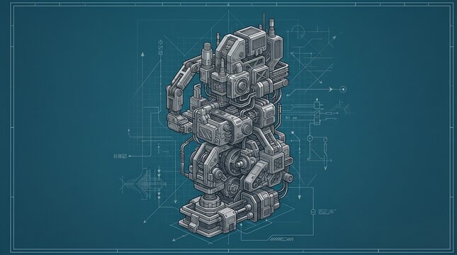 Futuristic engineering blueprint of a complex industrial robot assembly with detailed mechanical components, gears, and circuitry on a professional cyan technical drawing background.