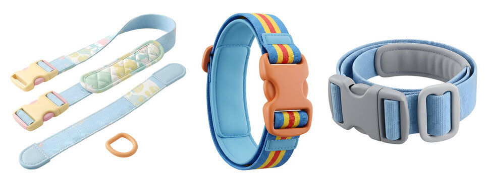 Colorful dog collars and adjustable pet leashes featuring durable plastic buckles and soft padded fabric straps for canine comfort isolated as a set on transparent background