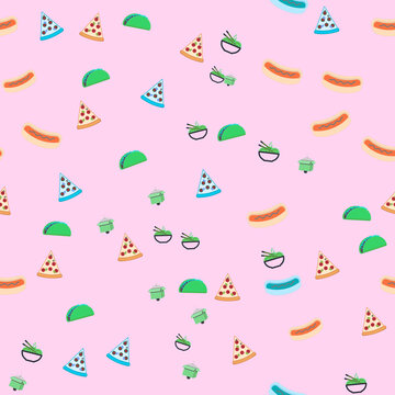 Food Pattern with Pizza, Tacos, and Hot Dogs