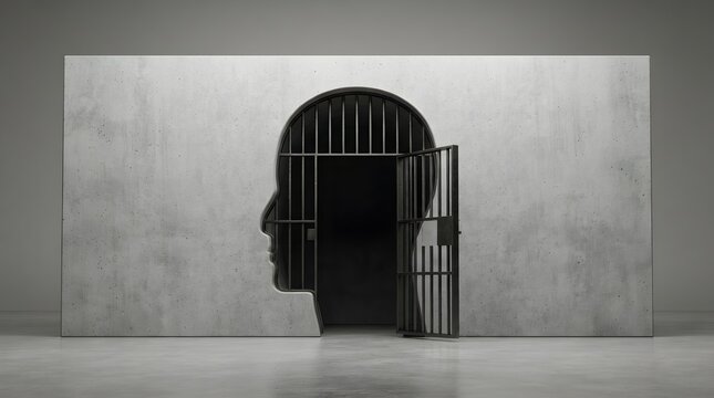 Conceptual 3D artwork of an open prison cell inside a human head silhouette, symbolizing mental liberation, breaking psychological barriers, and the pursuit of inner freedom