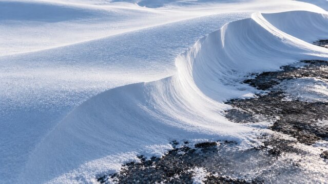Snow cornice shaped by wind, smooth overhanging crest, blue shadow and exposed dark ground. Winter texture background for design. For climate media and seasonal publishing.