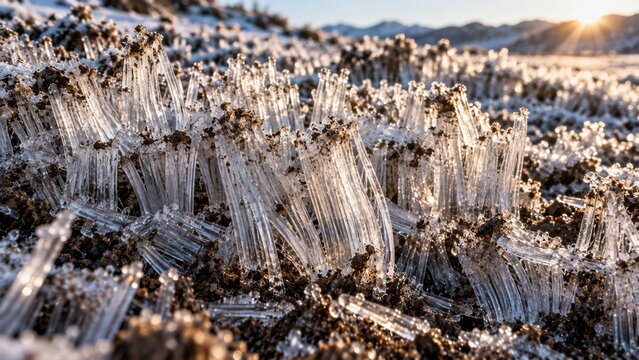Needle ice emerging from frozen soil, vertical crystalline columns and warm sunrise highlights across dark earth. Winter texture background for design. For climate media and seasonal publishing.