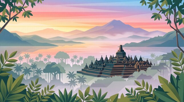 Ancient Temple Landscape in Morning Mist Flat Vector Illustration