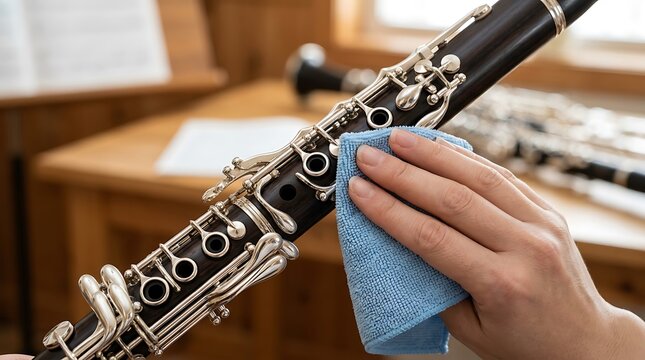 Person's hand cleaning a black wooden clarinet with a blue microfiber cloth