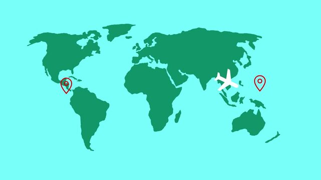 Flat turquoise world map with continents two location pins airplane icon animation
