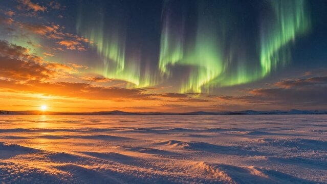 Aurora borealis above a polar snowfield, green curtain rays and warm sunset color along the horizon. Atmospheric texture background for design. For climate media and editorial publishing.