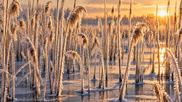Rime ice on wetland reeds at sunrise, vertical frozen stems, golden backlight and shallow reflective water. Winter texture background for design. For climate media and seasonal publishing.