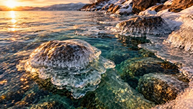 Shore ice encasing rounded lake stones, transparent frozen domes, turquoise water and warm sunset light. Winter texture background for design. For climate media and seasonal publishing.