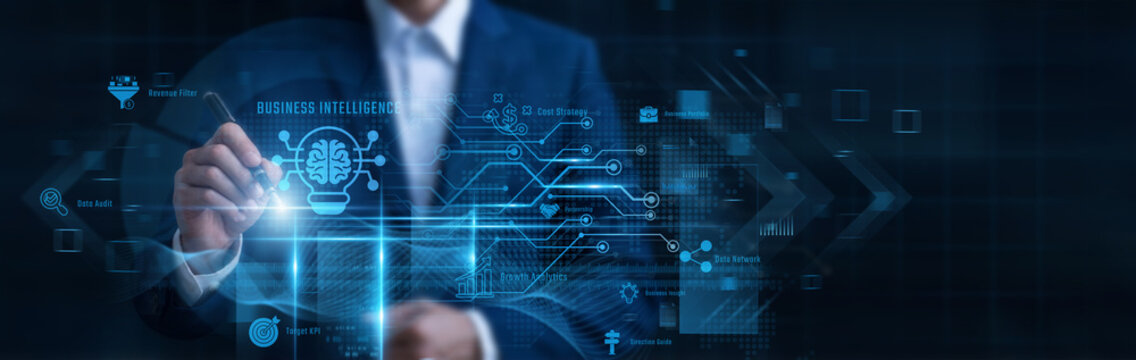 Businessman Pointing BI, executive data analytics dashboard and strategic decision making, corporate performance metric, visual key performance indicator, competitive market intelligence