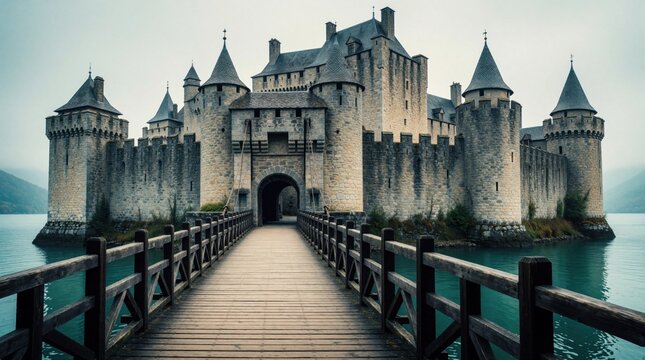Massive stone castle with turrets sits on water. Wooden drawbridge leads to fortress gate. Grey sky and distant hills frame the ancient stronghold. Impressive medieval architecture.