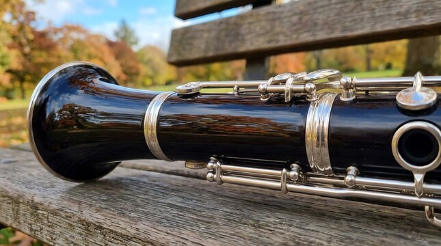 A black wooden clarinet resting on a wooden park bench during autumn