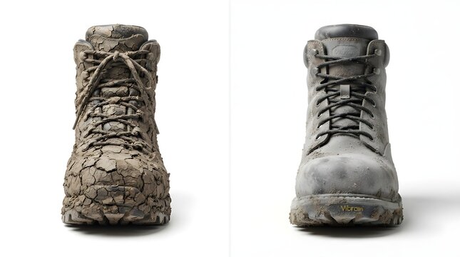 Two rugged pairs of work boots, one deeply caked in cracked dried mud and the other showing extensive wear, stand side-by-side, symbolizing durability and demanding outdoor work